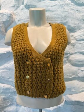Vintage Penrose Women's Mustard Double Breasted V-Neck 70s Sweater Vest Medium